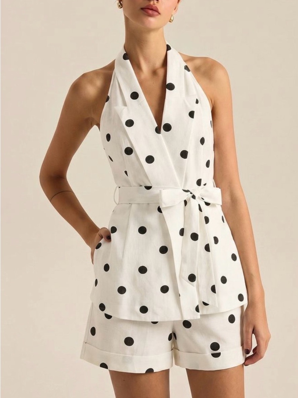 Polka Dot Halter Tie-Waist Romper - White with Black Dots